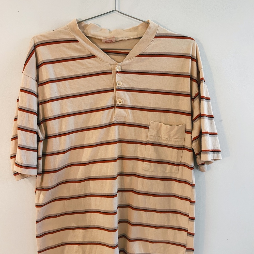 Men's Beige Stripe Henley Pocket T-Shirt